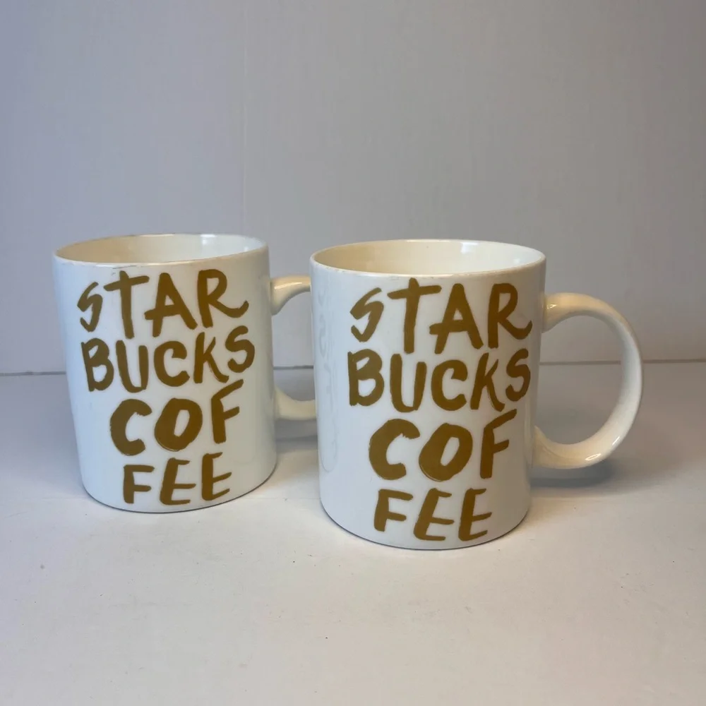 Starbucks Coffee Mugs 12oz 2015 White Gold Graffiti Lettering SET OF 2 Giftable